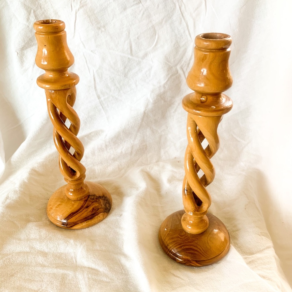 Vintage Hand Carved Wood Candlesticks